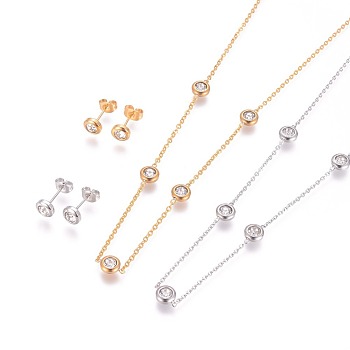 304 Stainless Steel Jewelry Sets, with Rhinestone, Cable Chains Necklaces and Stud Earrings, with Ear Nuts/Earring Back, Flat Round, Golden & Stainless Steel Color, 18.1 inch(46cm), 15.5x6.5x4mm, Pin: 0.7mm