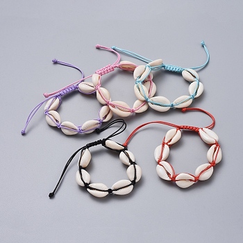 Natural Cowrie Shell Braided Beads Bracelets, with Korean Waxed Polyester Cord, Mixed Color, 2-1/4 inch~3-3/4 inch(5.8~9.5cm)