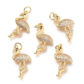Brass Micro Pave Clear Cubic Zirconia Pendants, with Jump Ring, Long-Lasting Plated, Flamingo, Real 18K Gold Plated, 22x12x3mm, Hole: 3.6mm