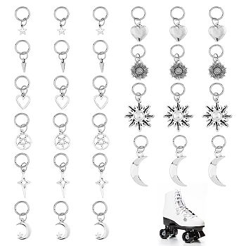 60Pcs 10 Styles Sun Moon Heart Tibetan Style Alloy Shoe Charms, with 304 Stainless Steel Jump Rings, Antique Silver, 24~41mm, 6pcs/style