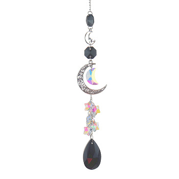 Glass Moon Hanging Suncatcher Pendant Decoration, Teardrop Crystal Ceiling Chandelier Ball Prism Pendants, with Alloy & Iron Findings, Black, 420~430mm