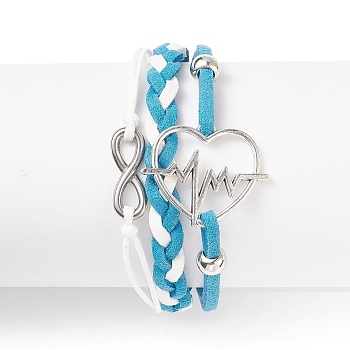 Alloy Heart Beat & 304 Stainless Steel Infinity Links Multi-strand Bracelet, Faux Suede Braided Tripel Layer Bracelet for Women, Deep Sky Blue, 7-1/4 inch(18.3cm)