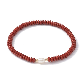 Natural Red Jasper Rondelle & Pearl Beaded Stretch Bracelets, Inner Diameter: 2-1/4 inch(5.8cm)