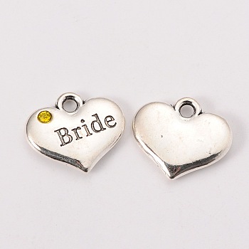 Wedding Theme Antique Silver Tone Tibetan Style Heart with Bride Rhinestone Charms, Cadmium Free & Lead Free, Citrine, 14x16x3mm, Hole: 2mm