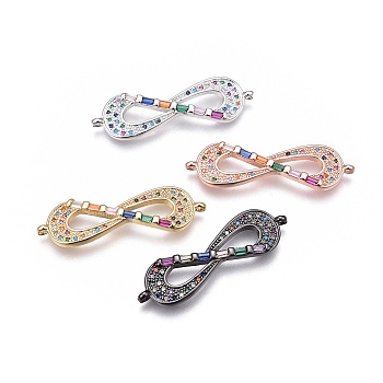 Brass Micro Pave Cubic Zirconia Links, Infinity, Colorful, Mixed Color, 11x37.5x3mm, Hole: 1.2mm