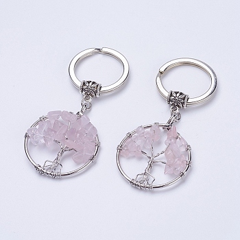 Natural Rose Quartz Keychain, with Iron Key Rings and Brass Finding, Flat Round with Tree of Life, 65~67mm, 36x29x5~8mm
