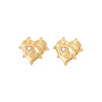 Ion Plating(IP) 304 Stainless Steel Stud Earring Findings, with Ear Nuts, Loop and Crystal Rhinestone, Heart, Real 14K Gold Plated, 17x18mm, Hole: 1.8mm, Pin: 0.7mm