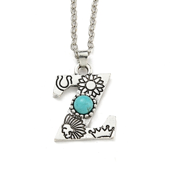 Letter A~Z Antique Silver Plated Alloy with Synthetic Turquoise Pendant Necklaces, with Iron Cable Chains, Letter Z, 18.70 inch(475mm), Letter Z: 25x19mm