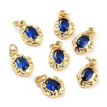 Brass Pave Cubic Zirconia Pendant, Long-Lasting Plated, Real 18K Gold Plated, Oval, Medium Blue, 12x8x3mm, Hole: 2.6mm