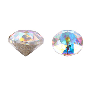 K9 Glass Rhinestone Cabochons, Pointed Back & Back Plated, Faceted, Diamond, Crystal AB, 10x6.5mm