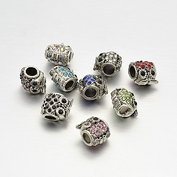Owl Alloy Rhinestone European Beads, Large Hole Beads, Mixed Color, 12x10x9mm, Hole: 4.5mm