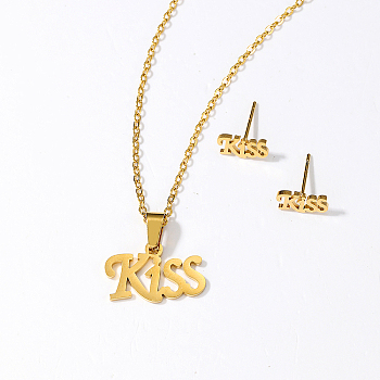 Elegant Vintage Stainless Steel Word Kiss Jewelry Set, Earrings & Necklaces Set for Woemn, Real 18K Gold Plated, show in picture