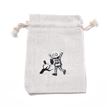 Halloween Cotton Cloth Storage Pouches, Rectangle Drawstring Bags, for Candy Gift Bags, Skull Pattern, 13.8x10x0.1cm