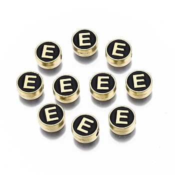 Alloy Enamel Beads, Cadmium Free & Lead Free, Light Gold, Flat Round with Alphabet, Black, Letter.E, 8x4mm, Hole: 1.5mm