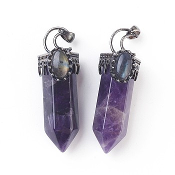 Natural Amethyst Big Pendants, Pointed Pendant, with Brass Findings and Oval Natural Labradorite Cabochons, Faceted, Bullet, Antique Silver, 60~62x20x23~24mm, Hole: 5.5x7mm