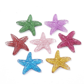 Resin Cabochons, with Glitter Powder, Starfish/Sea Stars, Mixed Color, 15~17x16~18x4~5.5mm