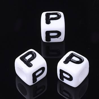 Acrylic Horizontal Hole Letter Beads, Cube, White, Letter P, Size: about 7mm wide, 7mm long, 7mm high, hole: 3.5mm, about 200pcs/50g