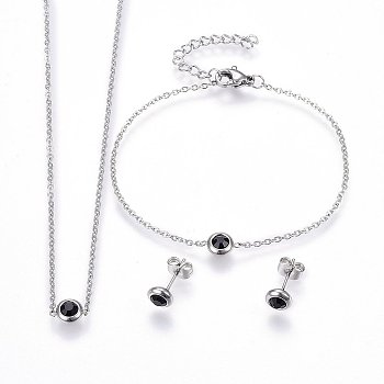 304 Stainless Steel Jewelry Sets, Pendant Necklaces & Stud Earrings & Bracelets, with Rhinestones, Flat Round, Black, Stainless Steel Color, 16.54 inch(42cm), 6-3/4 inch(17cm), 6.5x3.5mm, Pin: 0.8mm