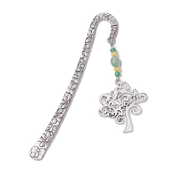 Natural Malaysia Jade & Green Aventurine Beaded Pendant Bookmarks with Alloy Tree of Life, Flower Pattern Hook Bookmarks, Antique Silver, 123.5x21x2.5mm, Pendant: 67.5x37x5.5mm