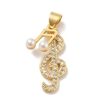 Brass Micro Pave Cubic Zirconia Pendants, with Acrylic, Cadmium Free & Lead Free, Long-Lasting Plated, Musical Nota, Clear, Real 18K Gold Plated, 21.5x8.5x1.5mm, Hole: 4x3.5mm