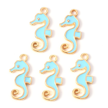 Alloy Enamel Pendants, Sea Horse, Light Gold, Light Blue, 21x11x2mm, Hole: 1.6mm