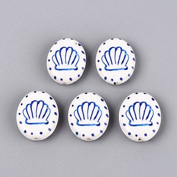 Handmade Porcelain Beads, Printed, Oval with Shell Shape, Famille Rose Style, Royal Blue, 18.5~20.5x15.5~17x5.5mm, Hole: 1.6~2mm