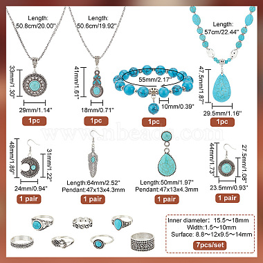 PandaHall Elite Synthetic Turquoise Pendant Necklace & Stretch Bracelets & Dangle Earrings & Ring Jewelry Sets(SJEW-PH0001-13)-2