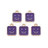 Alloy Enamel Charms, Cadmium Free & Lead Free, Light Gold, Square with Smile, Indigo, 13x10x1.5mm, Hole: 1.6mm(ENAM-T016-13H-RS)