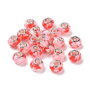 Transparent Resin European Rondelle Beads, Large Hole Beads, with Heart Polymer Clay and Platinum Tone Alloy Double Cores, Crimson, 14x8.5mm, Hole: 5mm(RPDL-P005-01P-02)