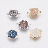 Natural Druzy Agate Links connectors, with Brass Findings, Square, Mixed Color, 16x11x3.5~4mm, Hole: 1mm(KK-G343-08)