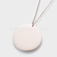 304 Stainless Steel Pendant Necklaces, with Lobster Clasps, Flat Round, Rose Gold, 15.75 inch(40cm), 1.2mm, Pendant: 21x1mm(NJEW-I218-04RG)