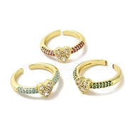 Rack Plating Brass Micro Pave Cubic Zirconia Cuff Rings, Long-Lasting Plated, Lead Free & Cadmium Free, Heart, Mixed Color, adjustable(RJEW-H228-04G)