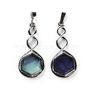 Natural Fluorite Pendants, Rack Plating Brass Hexagon Charms, Lead Free & Cadmium Free, Platinum, 37.5x17x4.5~5mm, Hole: 6.5x5mm(G-F777-05P-12)