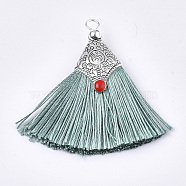 Polyester Tassel Pendant Decorations, with Alloy Findings and Enamel, Fan Shape, Antique Silver, Dark Sea Green, 45~50x40~44x7~10mm, Hole: 2.5mm(FIND-T036-01I)