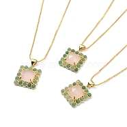 Natural Rose Quartz & Green Aventurine Rectangle Pendant Necklace, Real 18K Gold Plated Brass Jewelry, 17.48~17.68 inch(44.4~44.9cm)(NJEW-B089-01G-03)