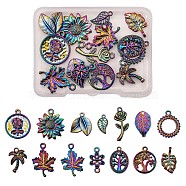 14 Pcs Flower & Leaf Themed 316L Surgical Stainless Steel Pendants, Mixed Shapes, Rainbow Color, 17~23x10~16mm(JX098A)