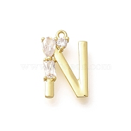 Brass Micro Pave Cubic Zirconia Pendants, LetterA-Z Charms, Golden, Letter N, 16x10.5x2.5mm, Hole: 1mm(KK-M310-01G-14)