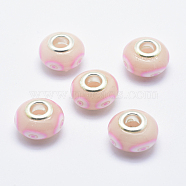 Handmade Polymer Clay European Beads, Large Hole Beads, Rondelle with Flower Pattern, Misty Rose, 13~16x8~11mm, Hole: 4.5~5mm(CLAY-K002-A38)