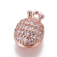 Brass Cubic Zirconia Charms, Beetle, Clear, Rose Gold, 9.5x6.5x3mm, Hole: 1mm(ZIRC-O029-07RG)