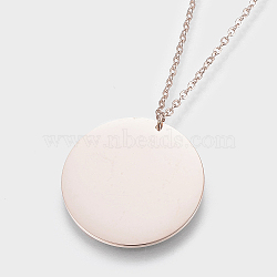 304 Stainless Steel Pendant Necklaces, with Lobster Clasps, Flat Round, Rose Gold, 15.75 inch(40cm), 1.2mm, Pendant: 21x1mm(NJEW-I218-04RG)