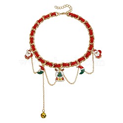 Christmas Alloy Enamel Deer Santa Claus Moon Pendant PU Leather Cord Bib Necklaces for Women, Golden, Dark Red, 14.57 inch(37cm)(FS-WG9C2A3-01)