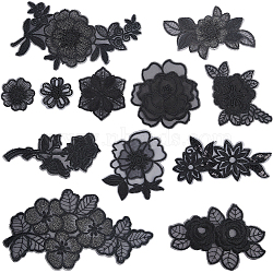12Pcs 12 Style Computerized Embroidery Polyester Ornament Accesories, Flower Lace Appliques, Black, 50~210x50~115x0.6~2.5mm, 1pc/style(DIY-GF0009-12)