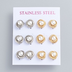 304 Stainless Steel Stud Earrings, Love Knot Earrings, with Plastic Imitation Pearl Beads and Ear Nuts, Golden & Stainless Steel Color, 11mm, Pin: 0.7mm, 6pairs/card(EJEW-F246-02GP)