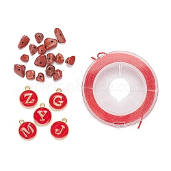26Pcs Flat Round Initial Letter A~Z Alphabet Enamel Charms, 20G Natural Brecciated Jasper Chip Beads and Elastic Thread, for DIY Jewelry Making Kits, Dark Red, Alphabet Enamel Charms: 1 set/box(DIY-FS0001-64)