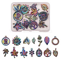 14 Pcs Rainbow Flower & Leaf Themed 316L Surgical Stainless Steel Pendants, Mixed Shapes, Multi-color, 17~23x10~16mm(JX098A)