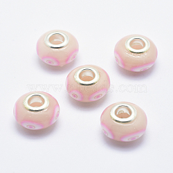 Handmade Polymer Clay European Beads, with Silver Color Plated Brass Cores, Large Hole Beads, Rondelle with Flower Pattern, Misty Rose, 13~16x8~11mm, Hole: 4.5~5mm(CLAY-K002-A38)