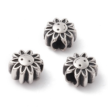 304 Stainless Steel European Beads, Large Hole Beads, Manual Polishing, Flower with Smiling Face, Antique Silver, 12x8.5mm, Hole: 4.5mm