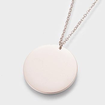 304 Stainless Steel Pendant Necklaces, with Lobster Clasps, Flat Round, Rose Gold, 15.75 inch(40cm), 1.2mm, Pendant: 21x1mm