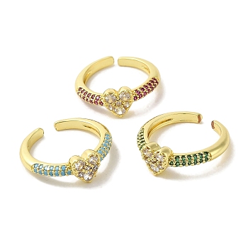 Rack Plating Brass Micro Pave Cubic Zirconia Cuff Rings, Long-Lasting Plated, Lead Free & Cadmium Free, Heart, Mixed Color, adjustable