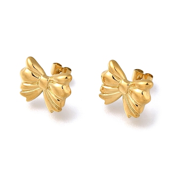 304 Stainless Steel Stud Earrings for Women, Bowknot, Real 18K Gold Plated, 12x15mm